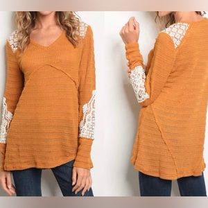 Jolt | Dark Mustard Long Sleeve Top with Lave Shoulder and Elbow Accents